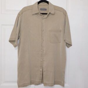 MENS TAN SILK SHIRT SHORT SLV WASHABLE TALBOTS VINTAGE MICRO DIAMOND PATTERN M